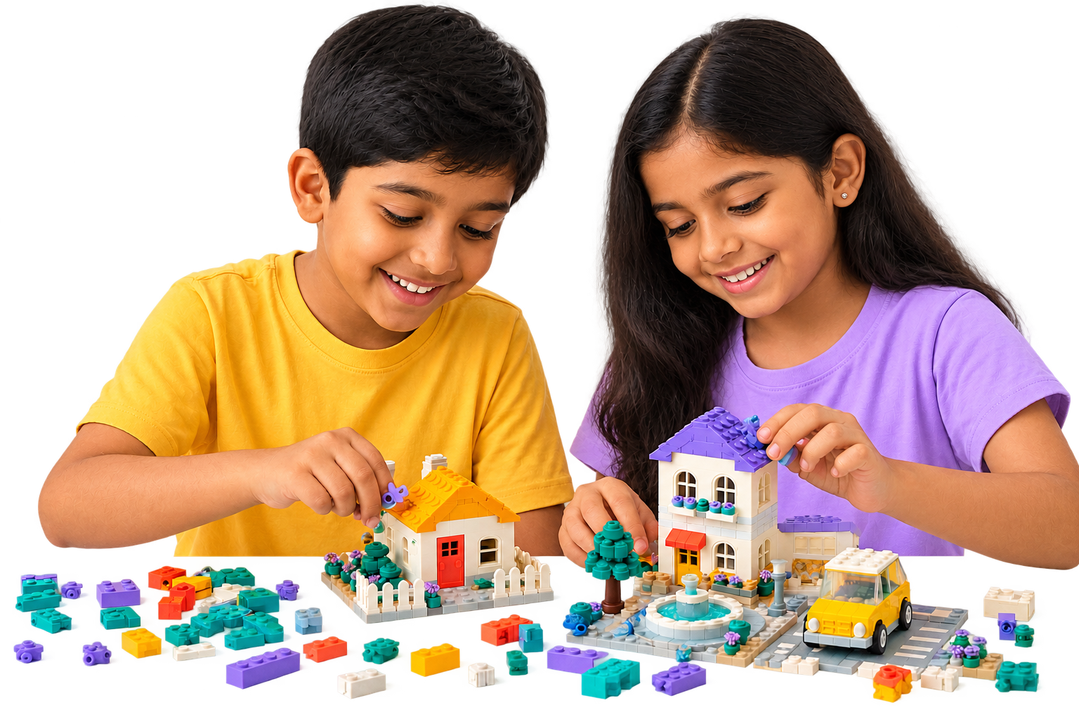 Two children building a colorful miniature brick town together